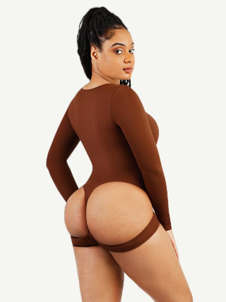 Valantomode | Long Sleeve Scoop Neck Thong Bodysuit with Integrated Shapewear