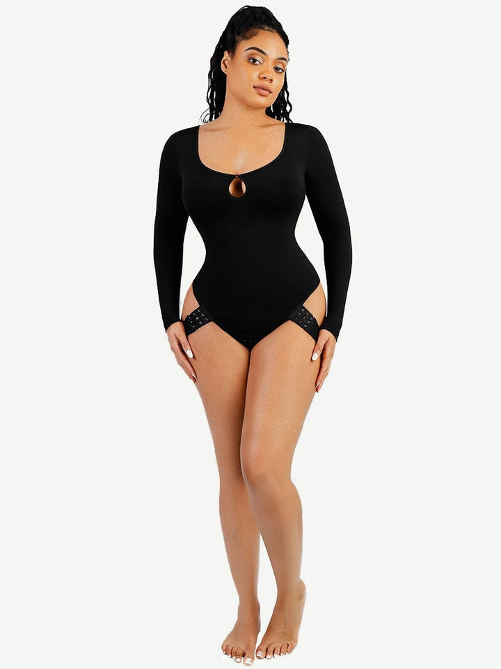 Valantomode | Long Sleeve Scoop Neck Thong Bodysuit with Integrated Shapewear