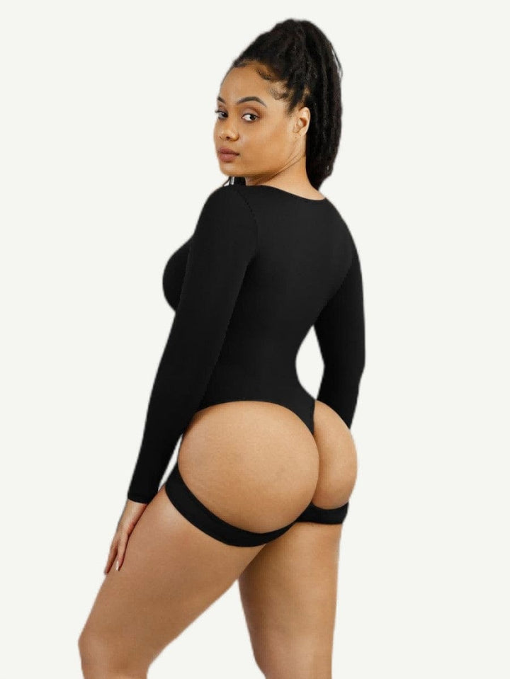 Valantomode | Long Sleeve Scoop Neck Thong Bodysuit with Integrated Shapewear