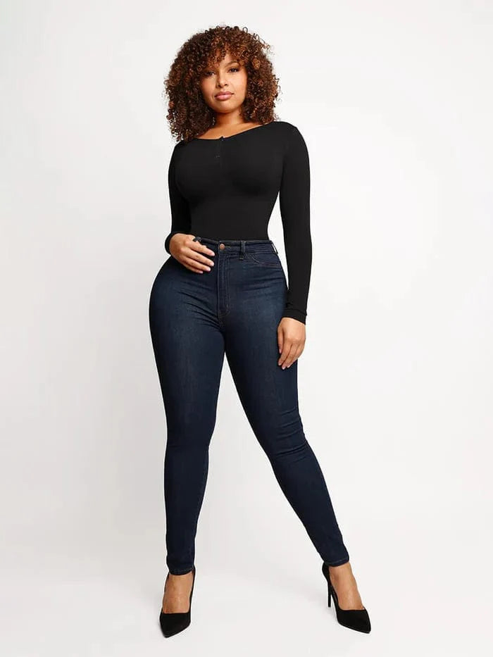 Valantomode | Ultra Compression Scoop Neck Long Sleeve Thong Shapewear Bodysuit