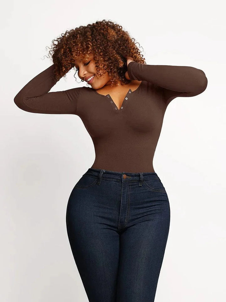 Valantomode | Ultra Compression Scoop Neck Long Sleeve Thong Shapewear Bodysuit
