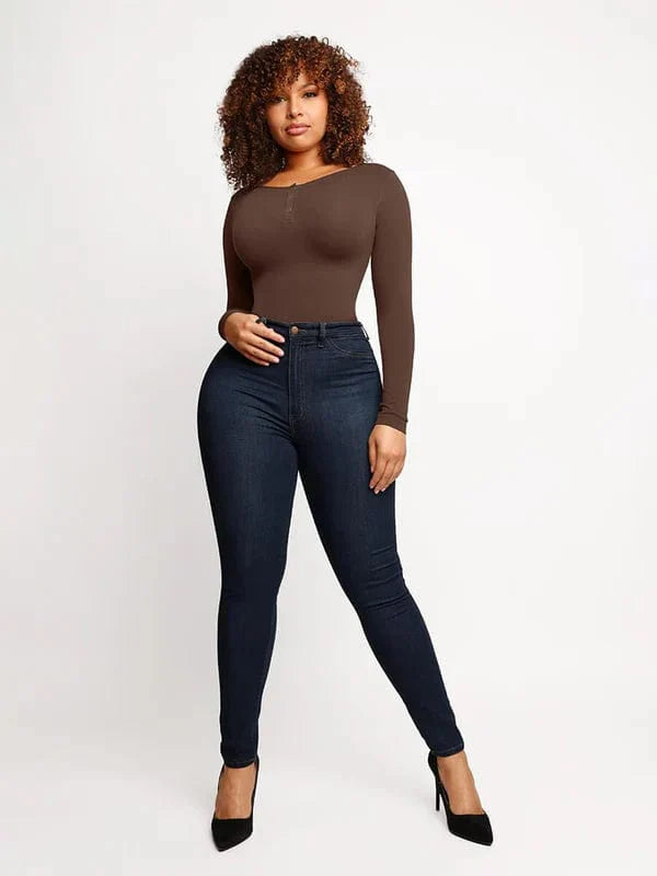 Valantomode | Ultra Compression Scoop Neck Long Sleeve Thong Shapewear Bodysuit