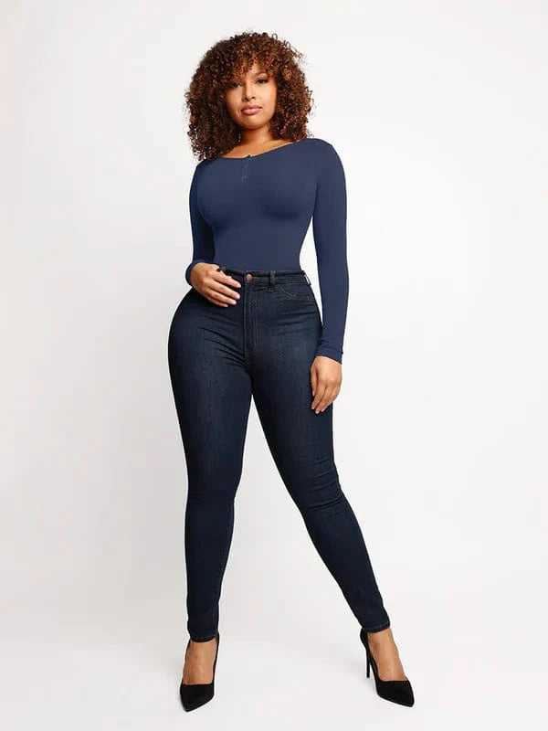 Valantomode | Ultra Compression Scoop Neck Long Sleeve Thong Shapewear Bodysuit