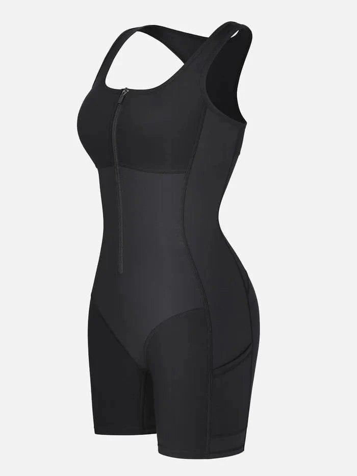 Valantomode | Front Zipper Bodysuit with Shaping Design and Side Pockets