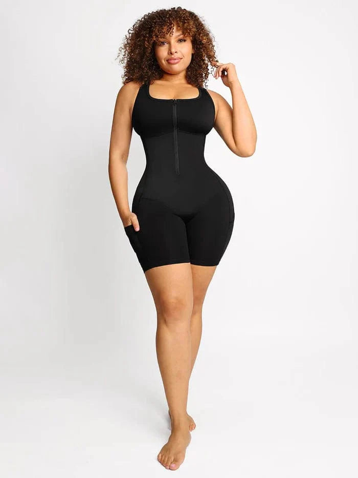 Valantomode | Front Zipper Bodysuit with Shaping Design and Side Pockets