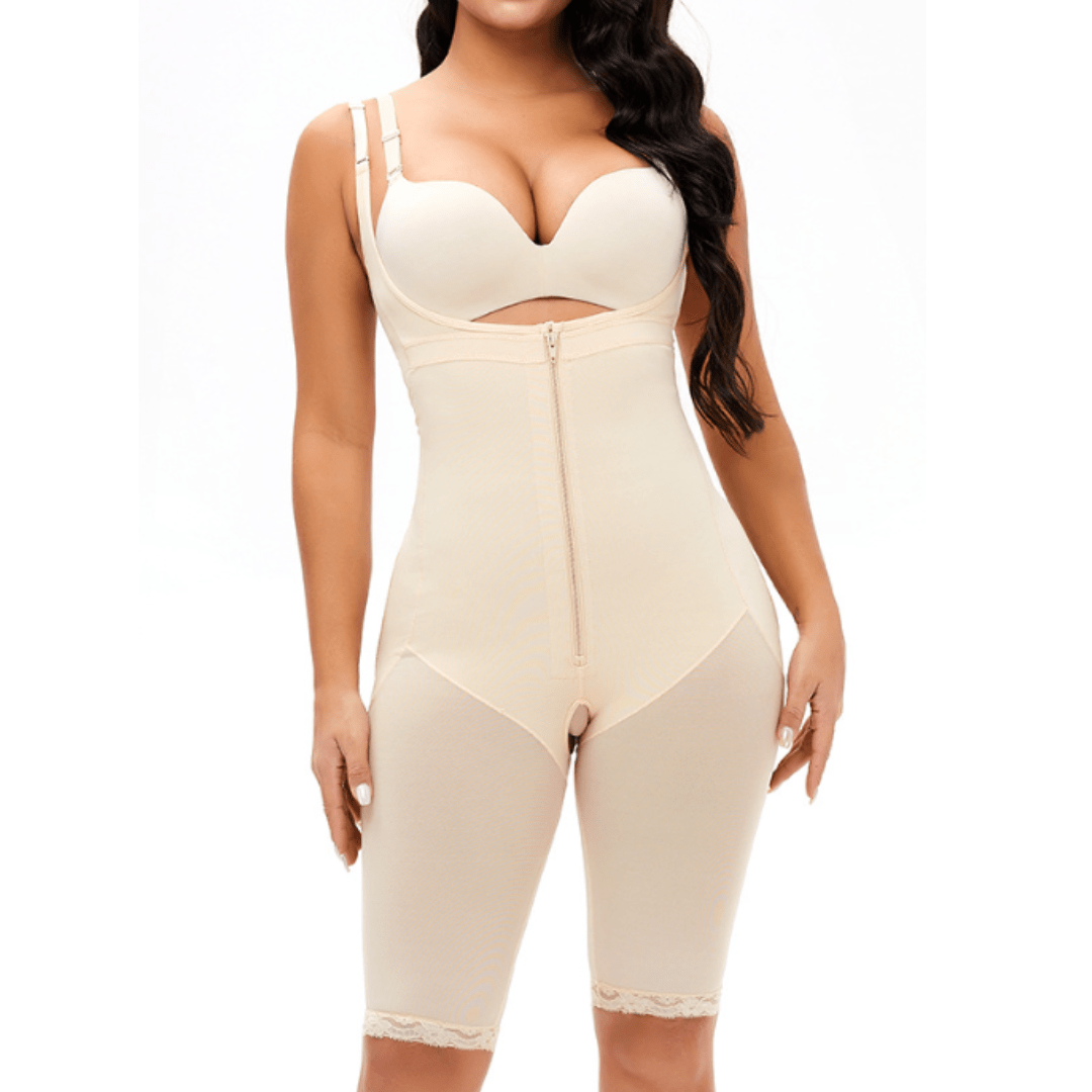 Valantomode | Adjustable Strap Open Bust Shapewear Bodysuit with Front Zipper