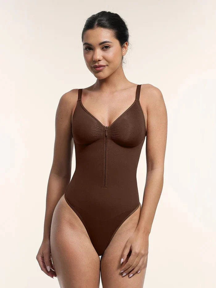 Valantomode | Plunge Front Zip Tummy Control Shapewear Bodysuit