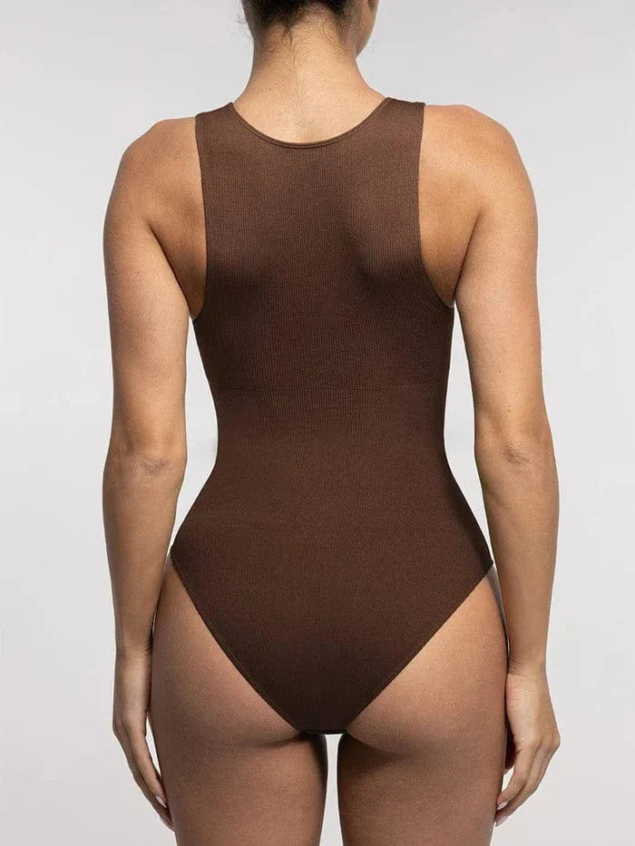 Valantomode | Seamless Ribbed Sleeveless Shapewear Bodysuit with Front Zip Closure