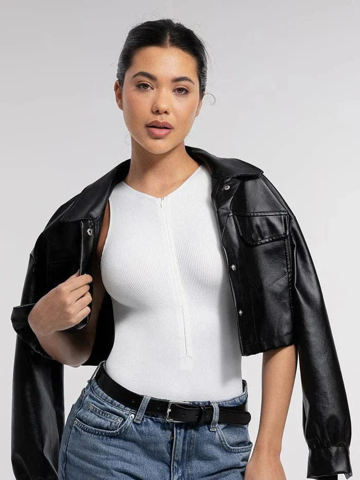 Valantomode | Seamless Ribbed Sleeveless Shapewear Bodysuit with Front Zip Closure