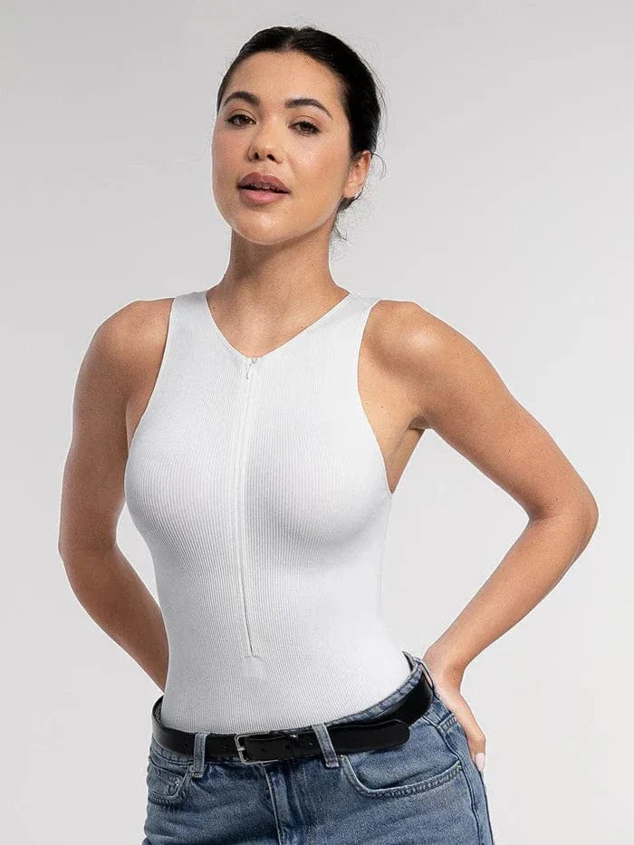 Valantomode | Seamless Ribbed Sleeveless Shapewear Bodysuit with Front Zip Closure