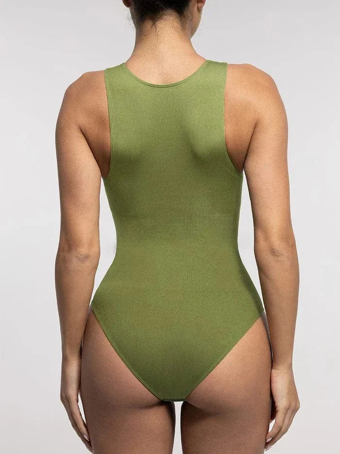 Valantomode | Seamless Ribbed Sleeveless Shapewear Bodysuit with Front Zip Closure