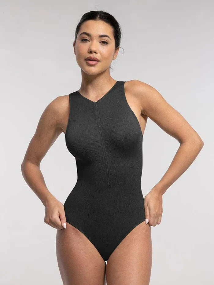 Valantomode | Seamless Ribbed Sleeveless Shapewear Bodysuit with Front Zip Closure