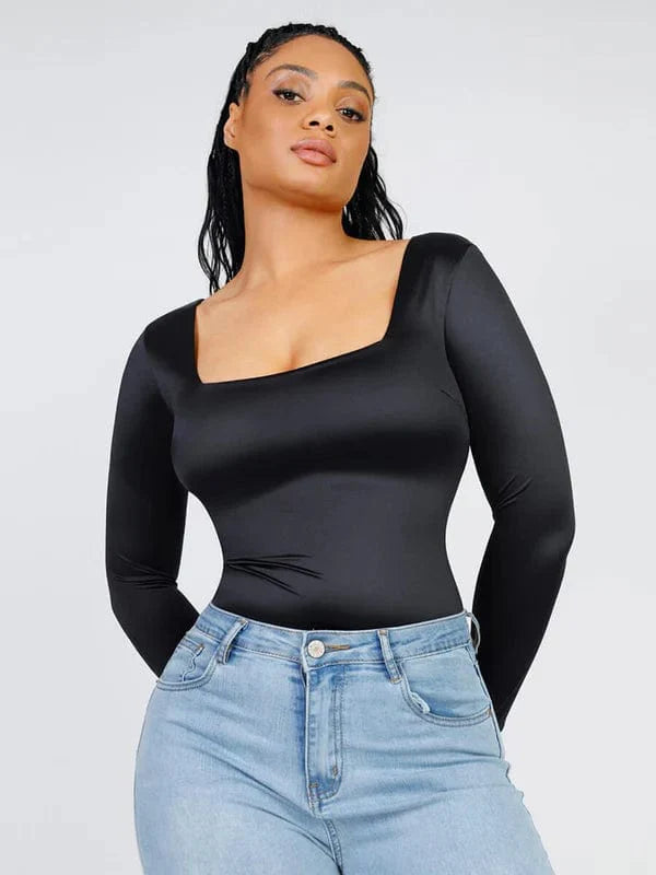 Valantomode | Chic Long Sleeve Bodysuit with Square Neckline and Sculpting Fit