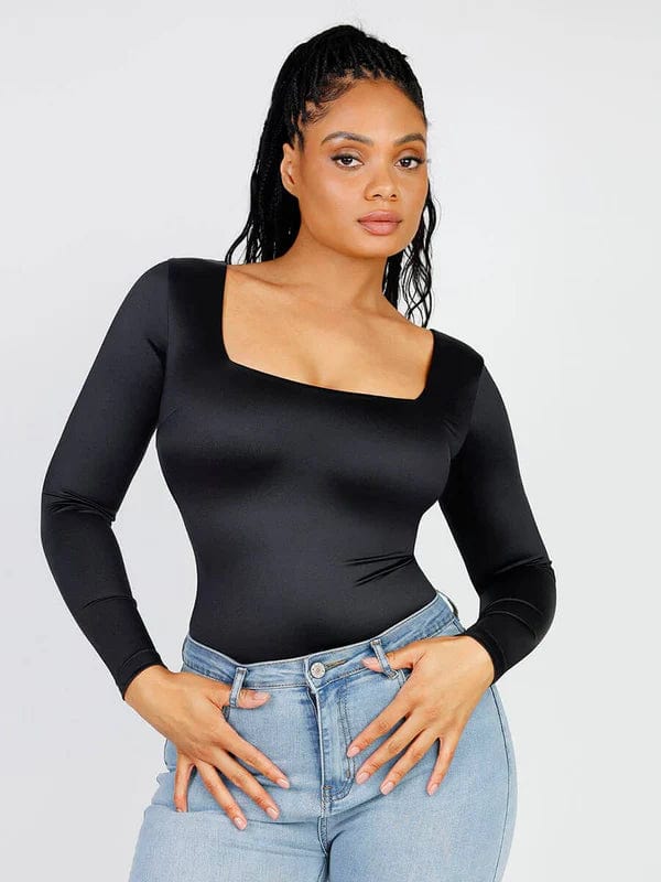 Valantomode | Chic Long Sleeve Bodysuit with Square Neckline and Sculpting Fit