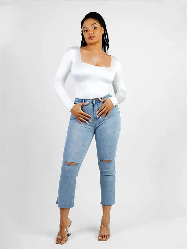 Valantomode | Chic Long Sleeve Bodysuit with Square Neckline and Sculpting Fit