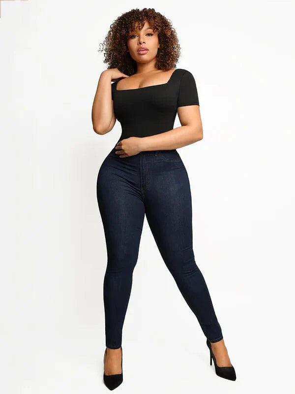 Valantomode | Short Sleeve Square Neck Shapewear Bodysuit with Tummy Control