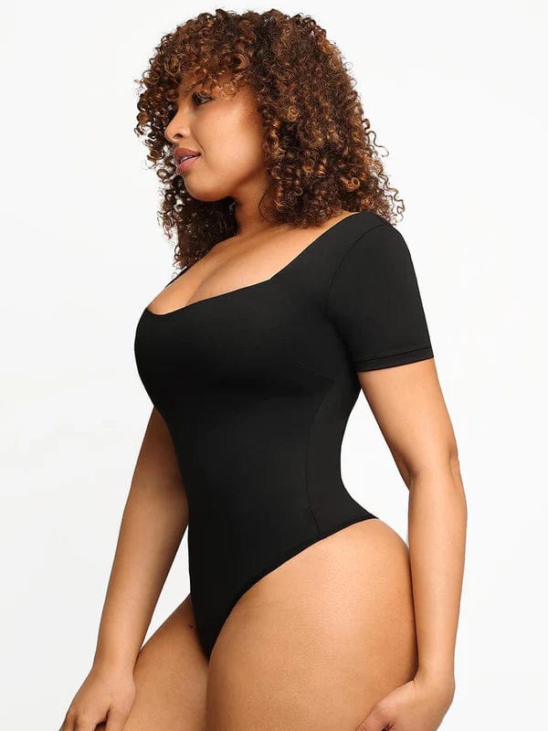 Valantomode | Short Sleeve Square Neck Shapewear Bodysuit with Tummy Control