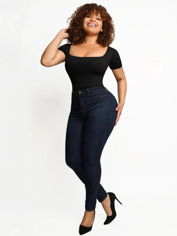 Valantomode | Short Sleeve Square Neck Shapewear Bodysuit with Tummy Control