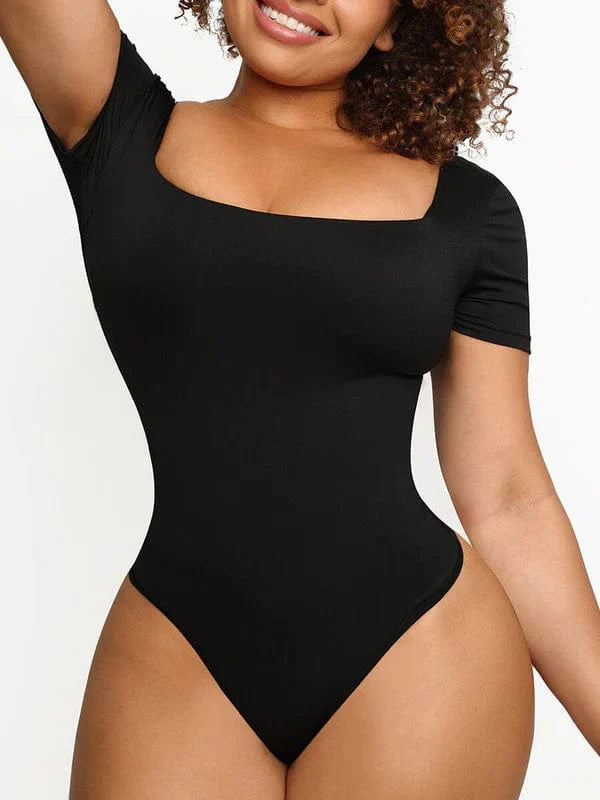 Valantomode | Short Sleeve Square Neck Shapewear Bodysuit with Tummy Control