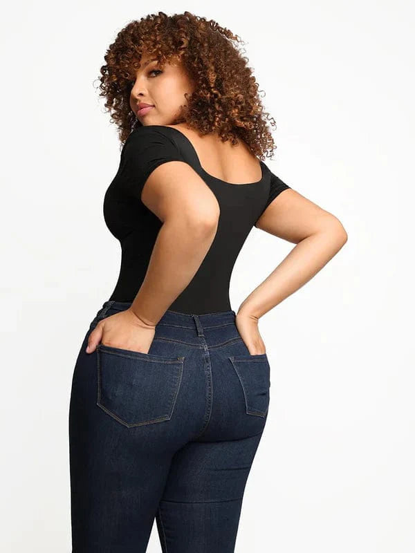 Valantomode | Short Sleeve Square Neck Shapewear Bodysuit with Tummy Control
