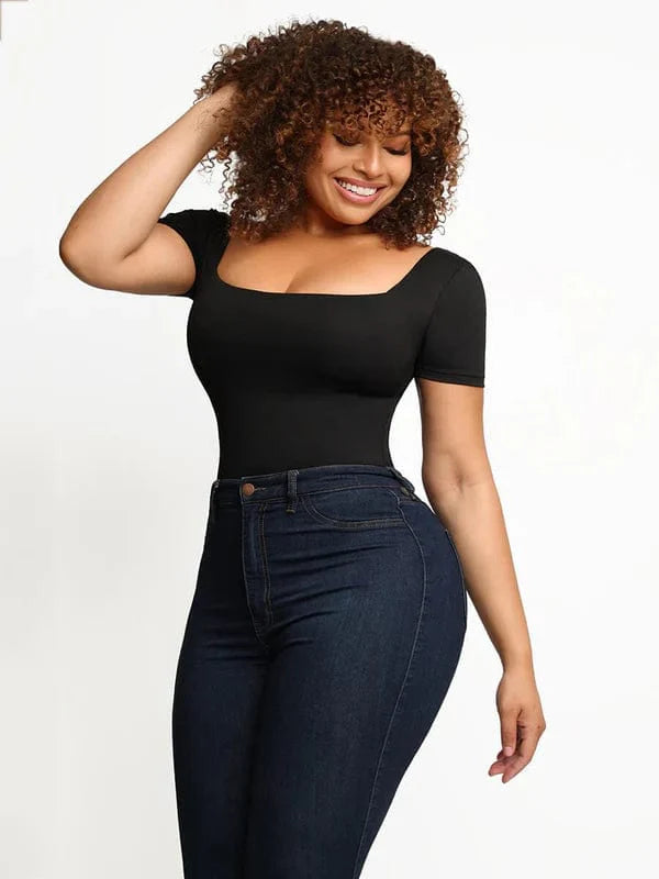 Valantomode | Short Sleeve Square Neck Shapewear Bodysuit with Tummy Control