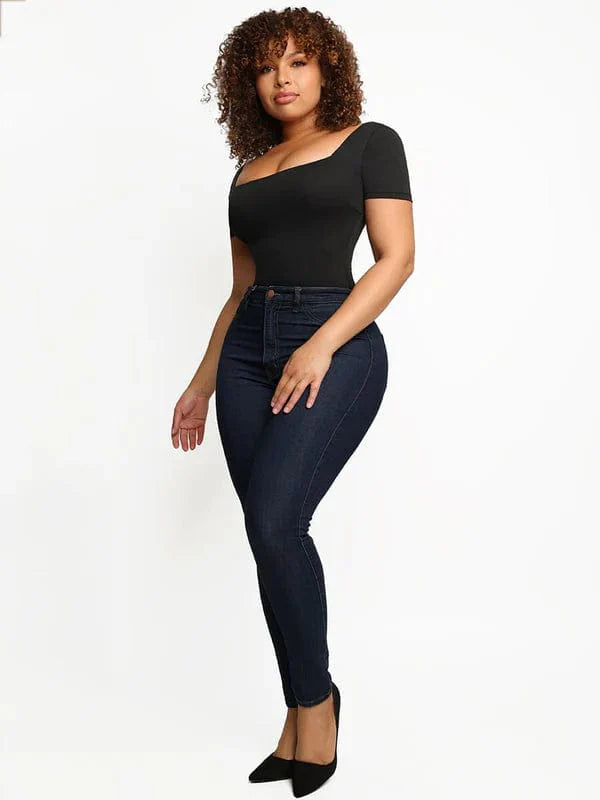 Valantomode | Short Sleeve Square Neck Shapewear Bodysuit with Tummy Control