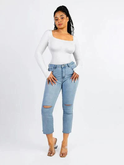 Valantomode | Long Sleeve Shapewear Bodysuit with Square Neck and Tummy Control