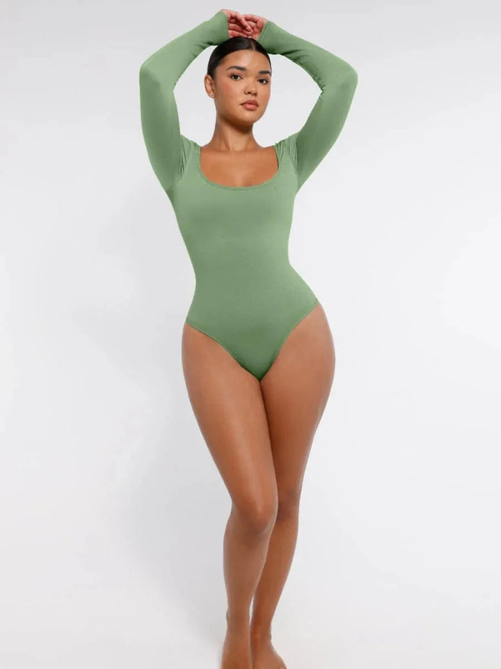 Valantomode | Long Sleeve Shapewear Bodysuit with Square Neck and Tummy Control