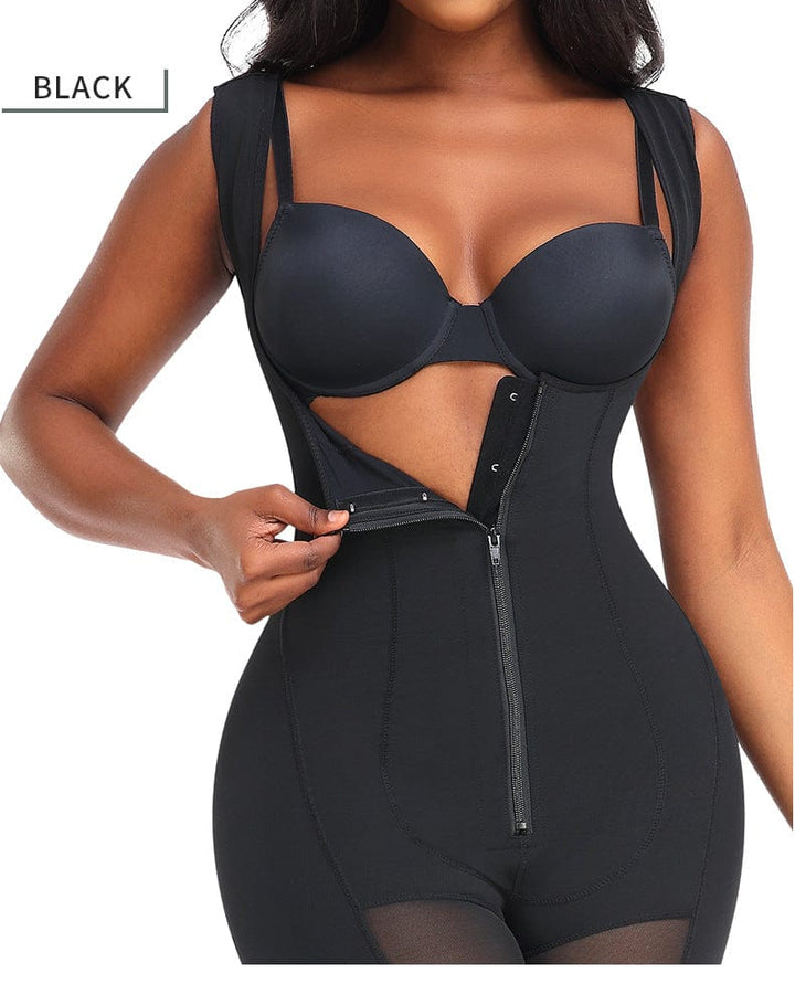 Valantomode | Front Zipper Tummy Control Mid Trouser Shapewear Bodysuit with Open Bust