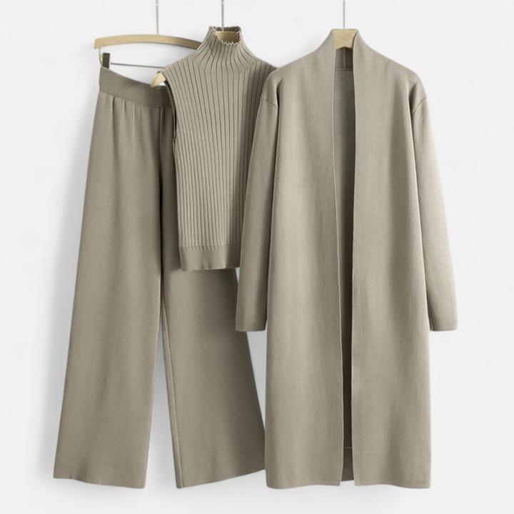 Valantomode | Women’s Soft Knitted 3-Piece Set - Cozy Cardigan, Crop Top & Pants Lounge Set