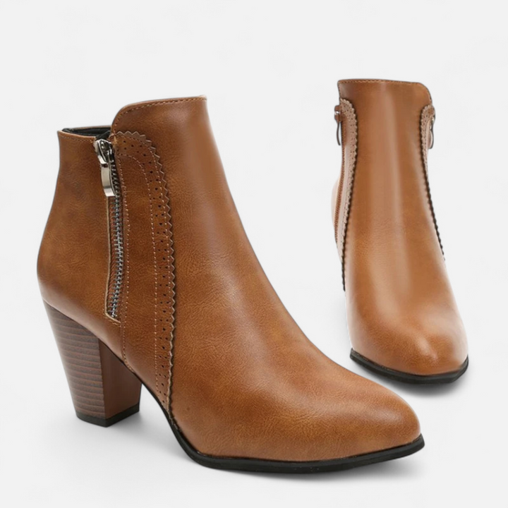 Valantomode | Women’s Vintage Zip-Heel Boots - Retro Block Heel Leather Booties