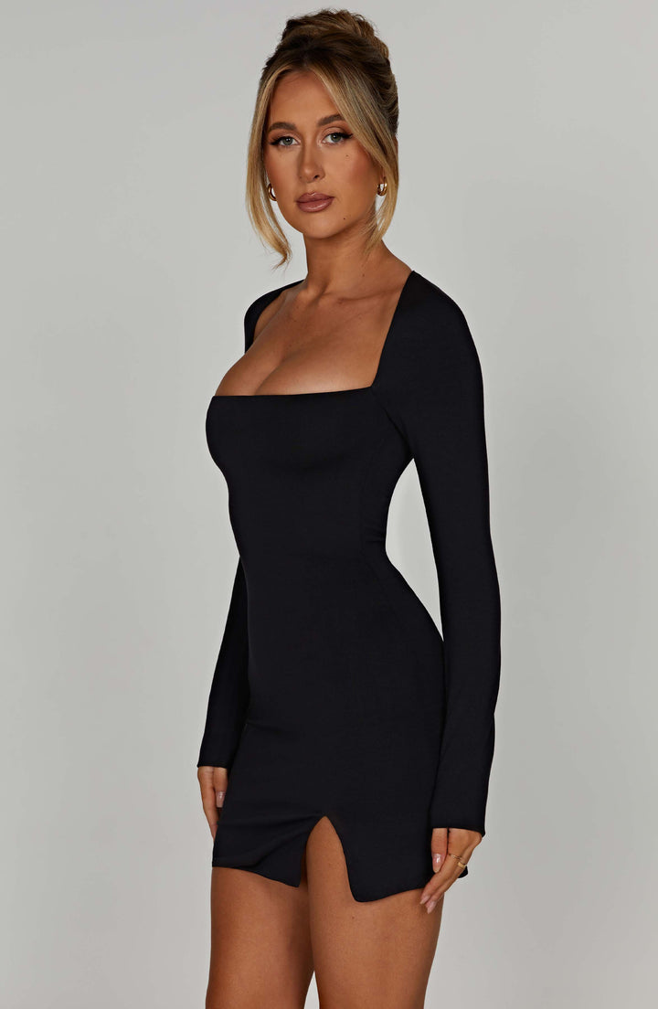 Valantomode | Chic Black Mini Dress with Square Neck for Night Out