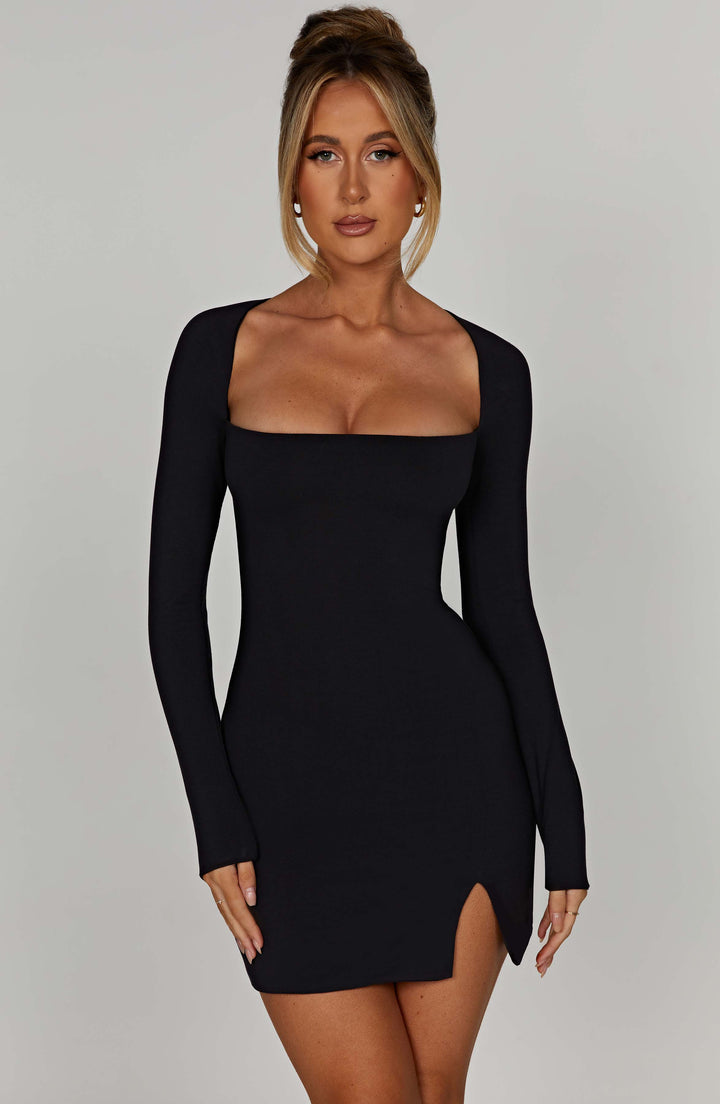 Valantomode | Chic Black Mini Dress with Square Neck for Night Out