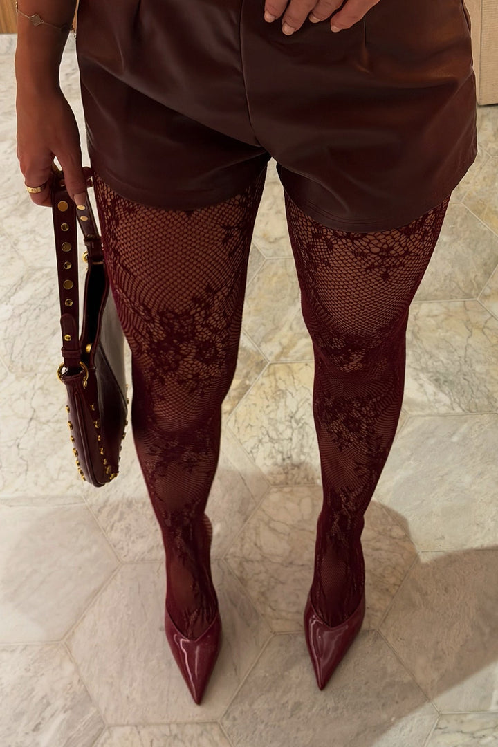 Valantomode | Burgundy Floral Fishnet Tights for Chic Style