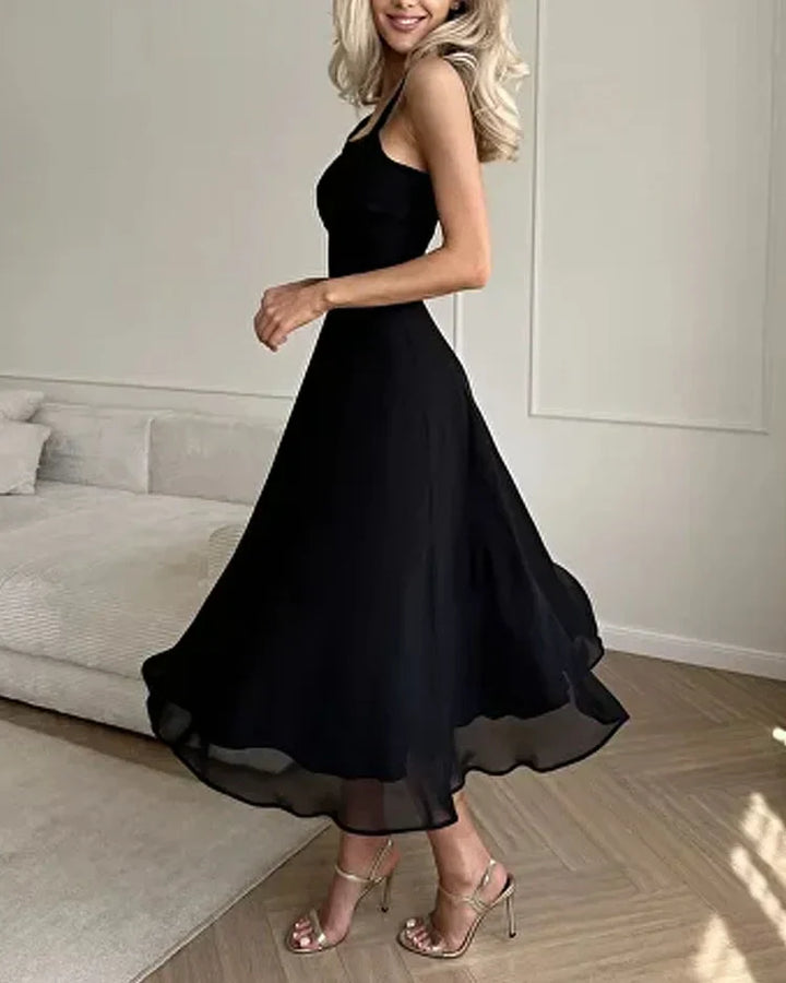 Valantomode | Elegant Midi Dress with Sheer Ruffle Hem Detail