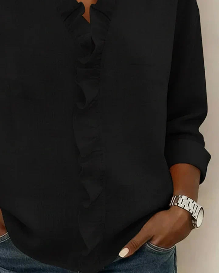 Valantomode | Blouse with Ruffles, V-Neck, Long Sleeves