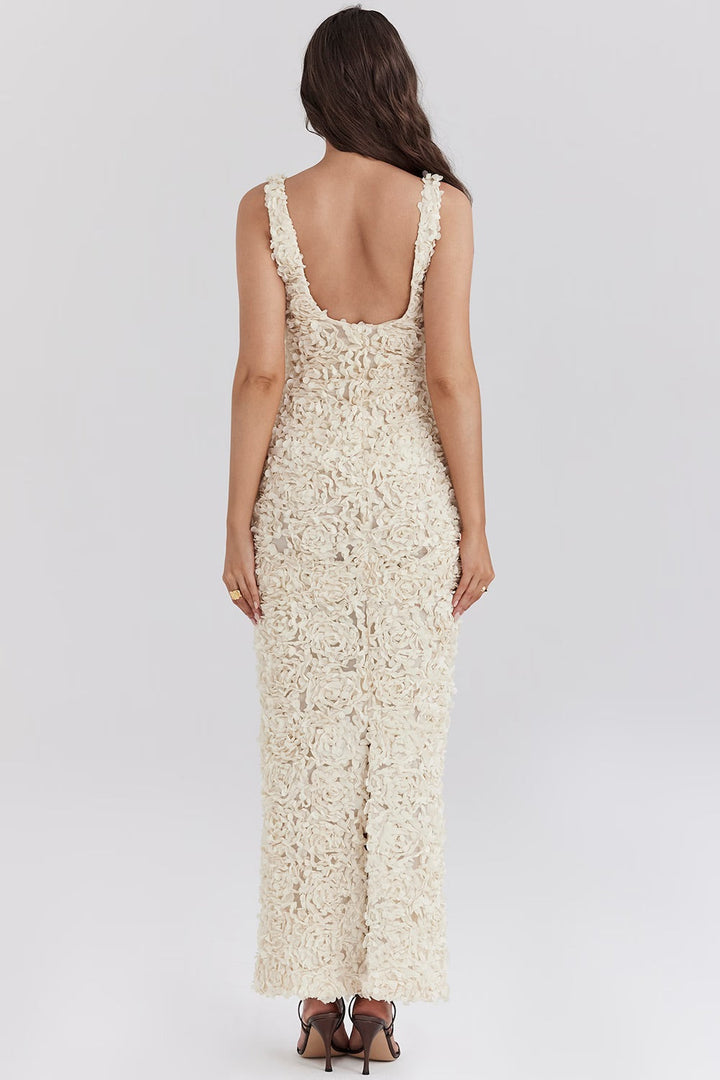 Valantomode | Floral Appliqué Maxi Dress for Effortless Elegance