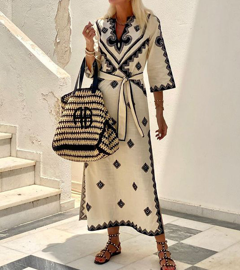 Valantomode | Elegant Beige Embroidered Midi Dress for Chic Style