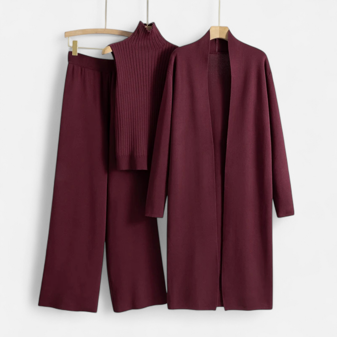 Valantomode | Women’s Soft Knitted 3-Piece Set - Cozy Cardigan, Crop Top & Pants Lounge Set