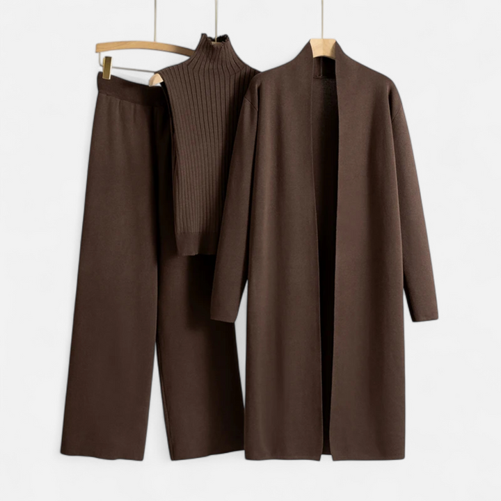 Valantomode | Women’s Soft Knitted 3-Piece Set - Cozy Cardigan, Crop Top & Pants Lounge Set