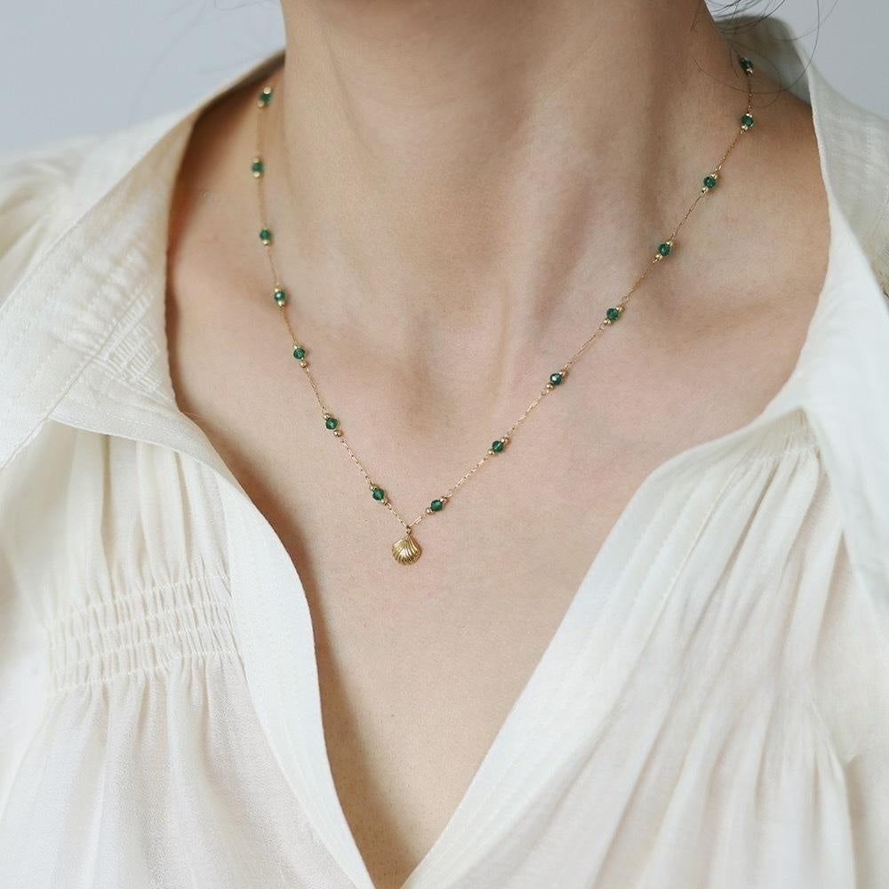 Valantomode | Plated Organic Shell Pendant Necklace with Emerald-Tone Bead Accents