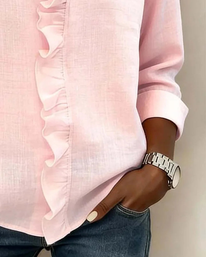 Valantomode | Blouse with Ruffles, V-Neck, Long Sleeves
