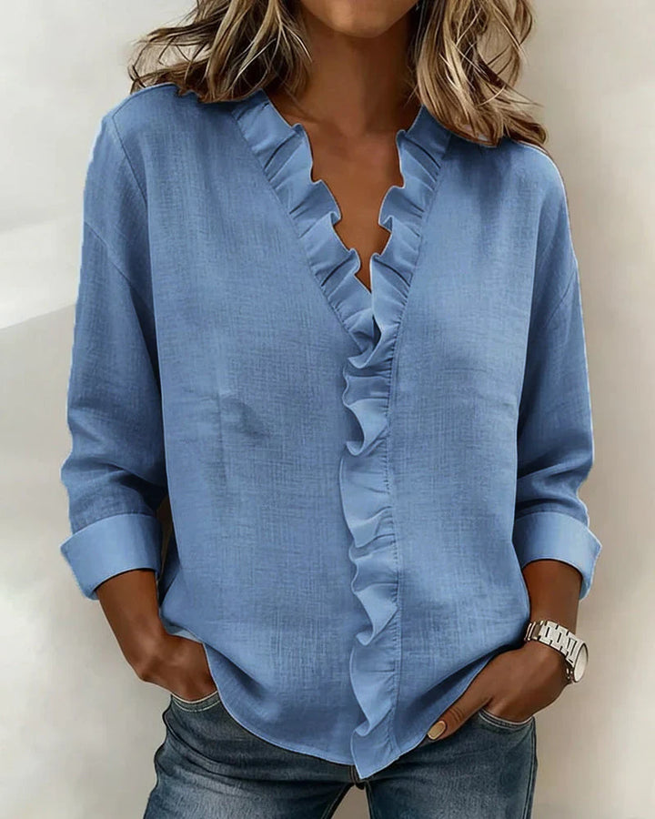 Valantomode | Blouse with Ruffles, V-Neck, Long Sleeves