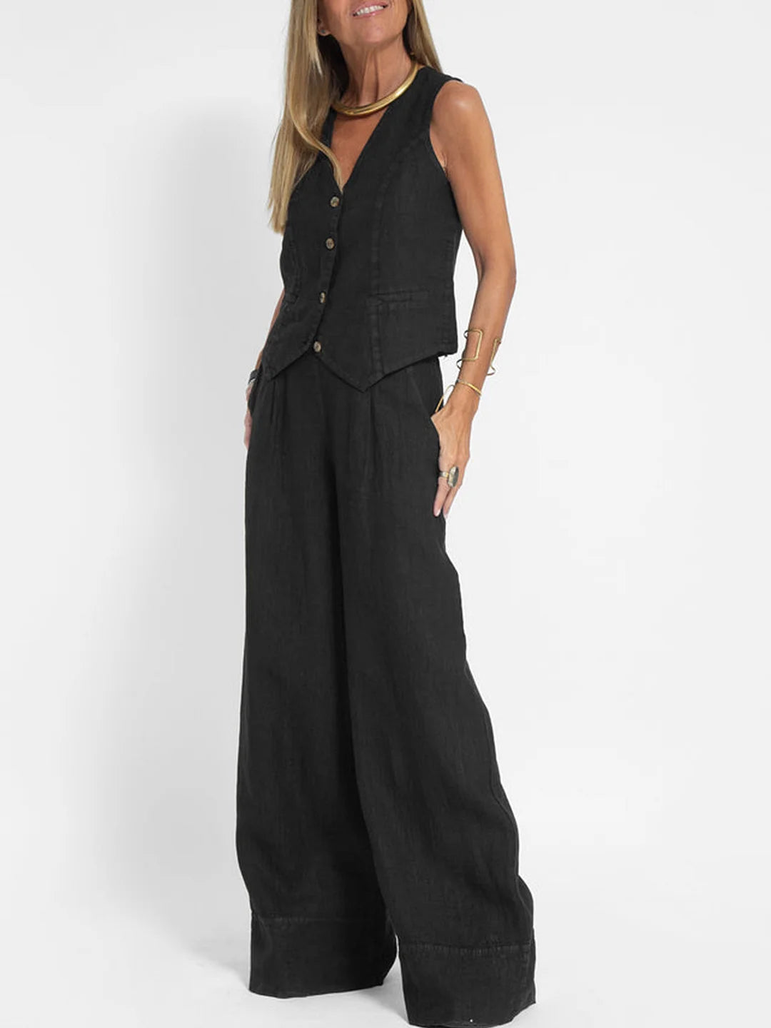 Valantomode | Chic Suit Set with Tailored Vest & Flowy Wide Pants