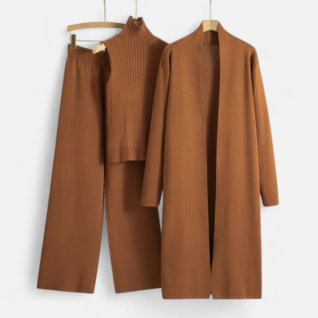 Valantomode | Women’s Soft Knitted 3-Piece Set - Cozy Cardigan, Crop Top & Pants Lounge Set