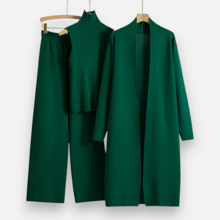 Valantomode | Women’s Soft Knitted 3-Piece Set - Cozy Cardigan, Crop Top & Pants Lounge Set