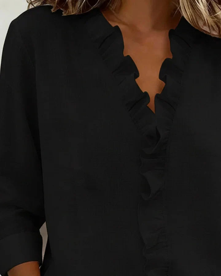 Valantomode | Blouse with Ruffles, V-Neck, Long Sleeves