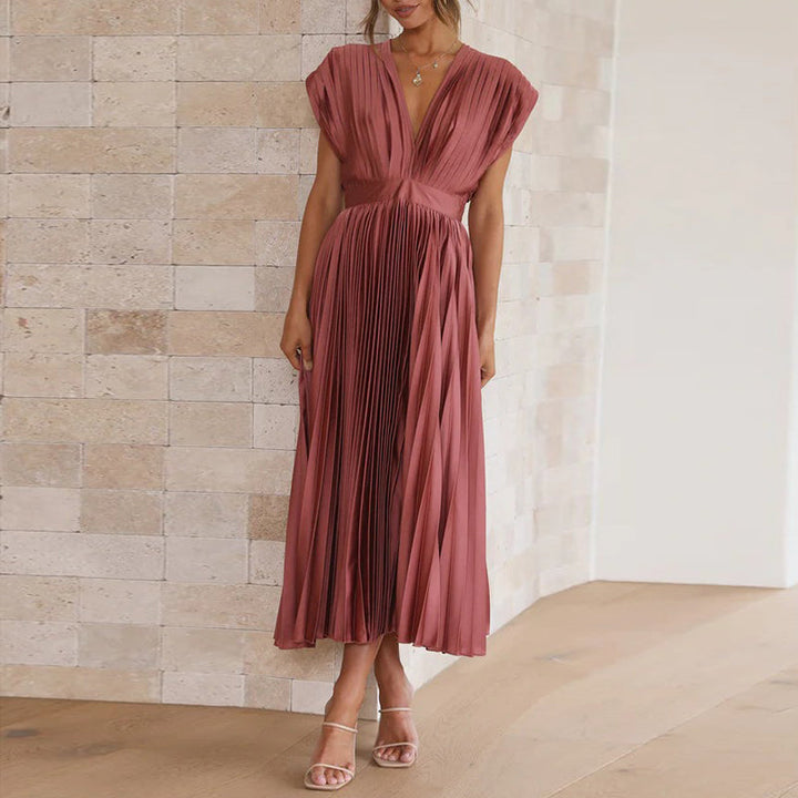 Valantomode | Elegant V-Neck Midi Dress with Pleated Skirt