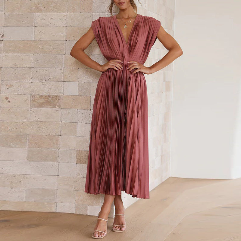 Valantomode | Elegant V-Neck Midi Dress with Pleated Skirt