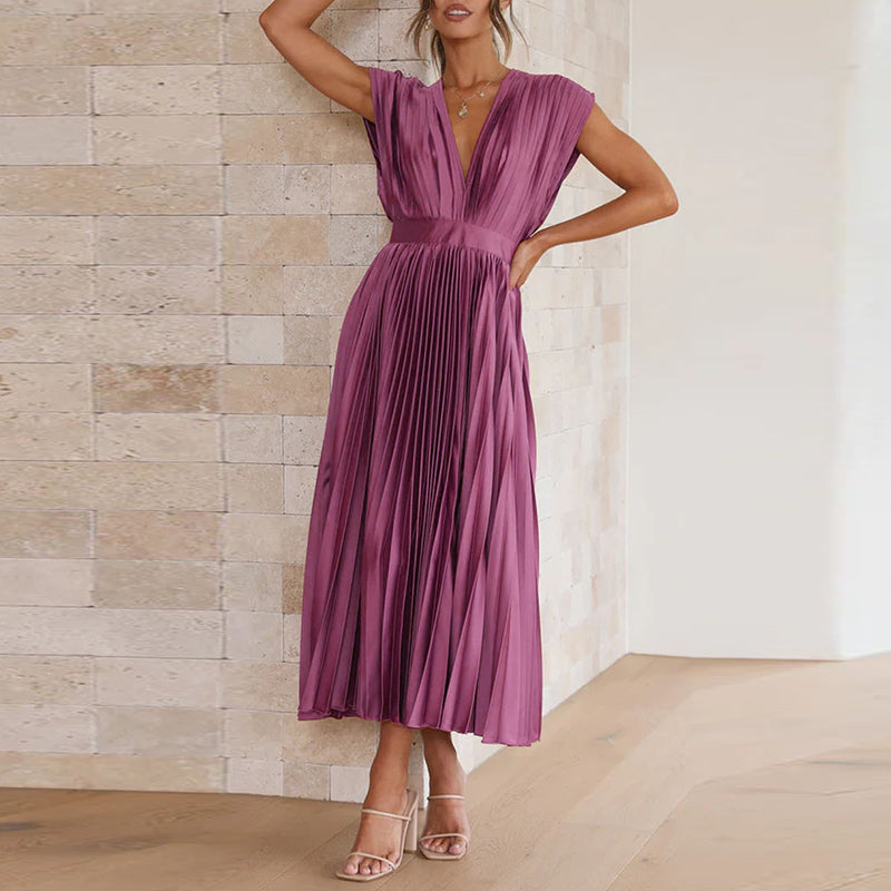 Valantomode | Elegant V-Neck Midi Dress with Pleated Skirt
